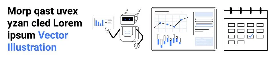 Robot with data interface, line graph with bar chart, calendar. Ideal for pro 스톡 일러스트