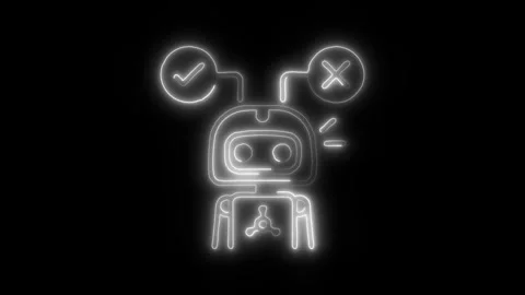 Robot Decision and Right Cancel Outline Icon in HD Video Neon Animation Stock Footage 304507638