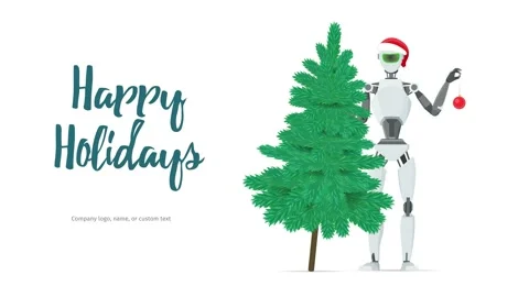 Robot decorates the Christmas tree. Christmas technology animation concept. Stock Footage