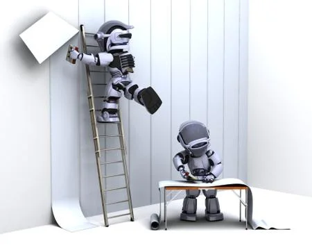 Robot decorating with wallpaper Stock Illustration