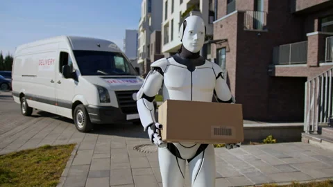 Robot delivering parcel box to recipient, walking along the street carring Stock Footage 166175989