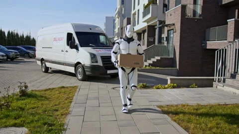 Robot delivering parcel box to recipient, walking along the street carring Stock Footage 166176086