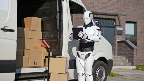 Robot delivering parcel boxes to recipient. Cyborg checked boxes on tablet to Stock Footage 166174469