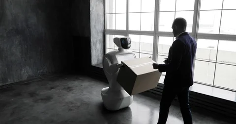 The robot delivers the package box. Cybernetic system today. Modern Robotic Stock Footage 97968132