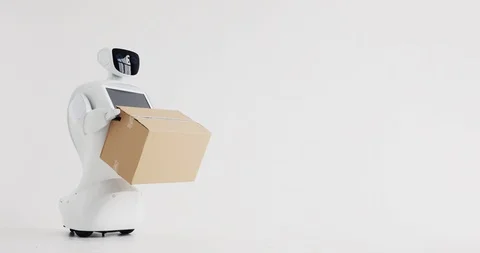 The robot delivers the parcel. delivery concept. Modern Robotic Technologies. Stock Footage 97943162