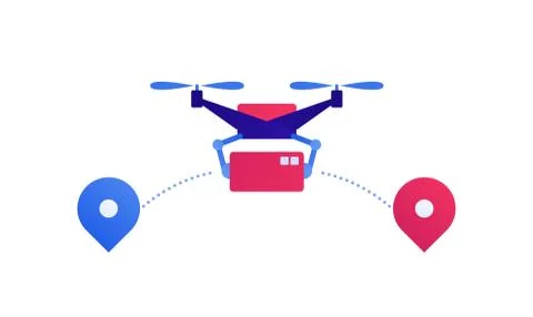 Robot delivery package on route between map pin. Stock Illustration