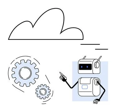 Robot Demonstrating Cloud Computing with Gears in Simple Line Art Illustrazione stock