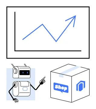 Robot Demonstrating E-commerce Growth with Upward Trend Graph and Shipping Bo Illustrazione stock