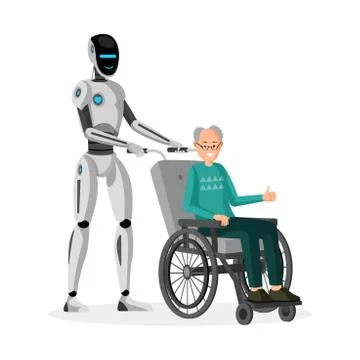 Robot with disabled man flat vector illustration. Cyborg caregiver and Stock Illustration