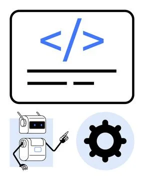 Robot discussing coding and programming concepts with gear icon emphasizing.. Stock Illustration