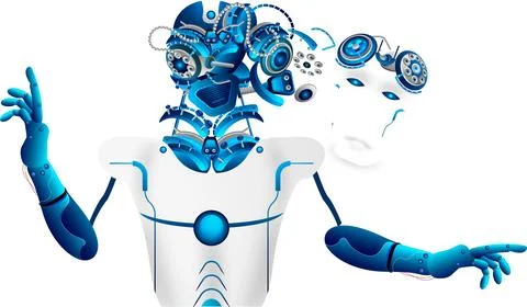 Robot dismantled itself, Ai brain fails overloaded and destroyed, Futuristi.. Stock Illustration