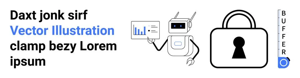 Robot displaying a data chart on a screen, beside a secure padlock icon, and  Stock Illustration