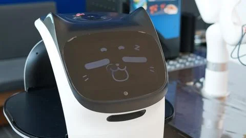 Robot displays cute cat face while waiting Stock Photos