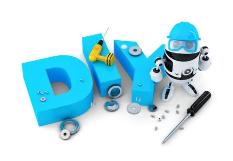 Robot with DIY sign. Technology concept. Isolated on white background. Stock Illustration