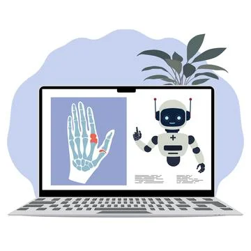 Robot doctor analyzing hand x-ray on laptop screen with plant in background Stock Illustration