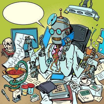 Robot doctor manages to do everything. Replacement of specialists with Stock Illustration