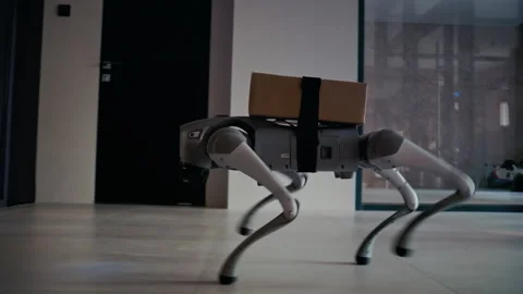 Robot dog delivering package in modern office building Video stock 322946357