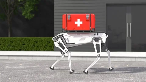 Robot dog Going to deliver the first aid box, Emergency medical care concept Stock Footage 246339553