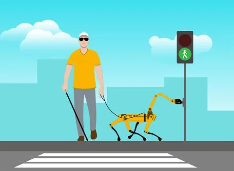 A robot dog helps a blind man cross the road. The robot dog turns on the gree 스톡 일러스트