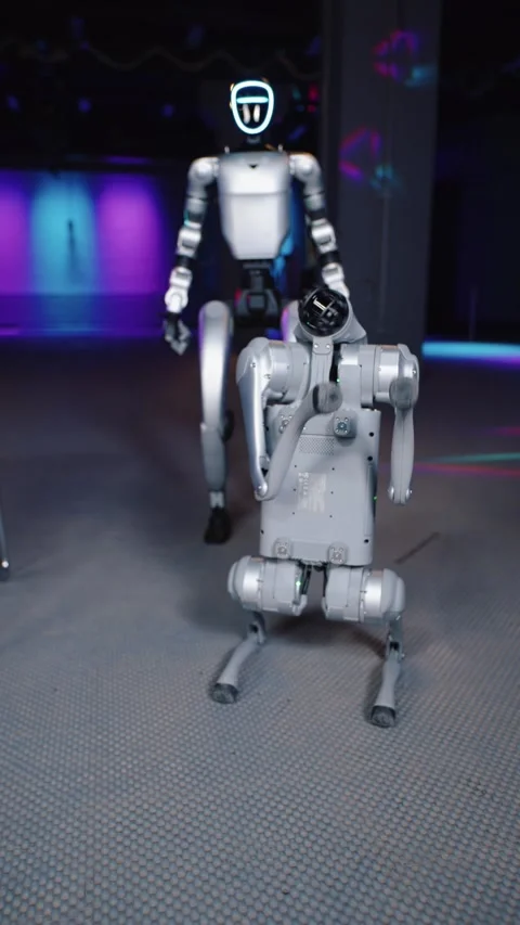 Robot dog performing beg command in futuristic technology space Vídeos de archivo 324701313