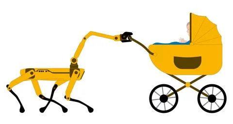 A robot dog rolls a stroller with a human baby Stock Illustration