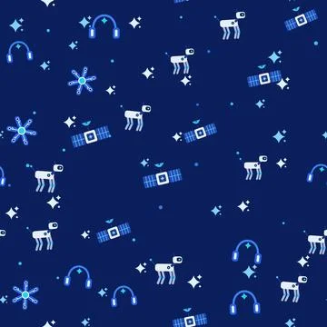 Robot dog seamless pattern with satellites, headphones and sparkles on dark navy Illustrazione stock