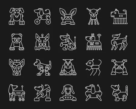 Robot Dog simple white line icons vector set Stock Illustration
