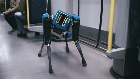 Robot dog on subway train Stock Footage