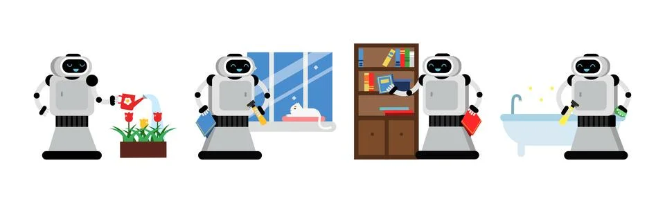 Robot Doing Housework Cleaning and Housekeeping Vector Set Stockillustratie