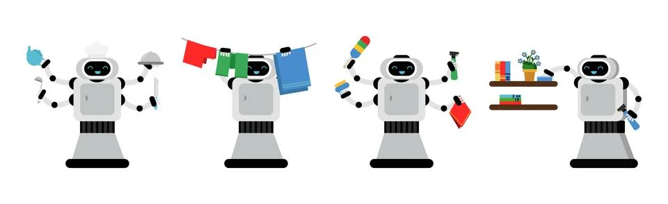 Robot Doing Housework Cleaning and Housekeeping Vector Set イラスト素材