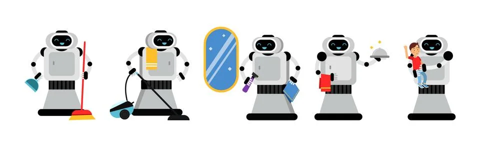 Robot Doing Housework Cleaning and Housekeeping Vector Set Illustrazione stock