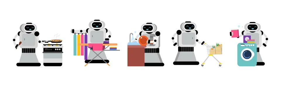 Robot Doing Housework Cleaning and Housekeeping Vector Set イラスト素材