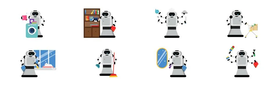 Robot Doing Housework Cleaning and Housekeeping Vector Set Illustrazione stock