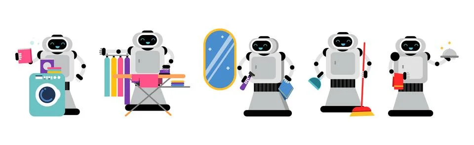 Robot Doing Housework Cleaning and Housekeeping Vector Set Stock Illustration