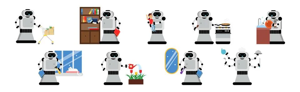 Robot Doing Housework Cleaning and Housekeeping Vector Set Stock Illustration