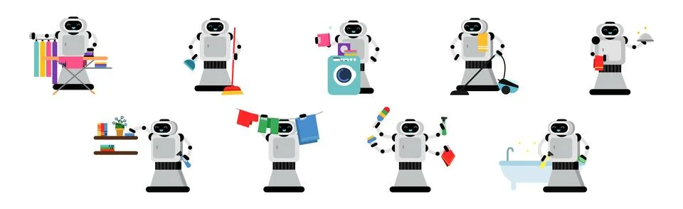 Robot Doing Housework Cleaning and Housekeeping Vector Set Stock Illustration