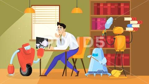 Robot doing housework. Home cleaning automation concept Stock Illustration