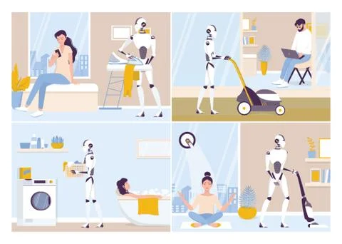 Robot doing housework. Robotic housekeeping. Robot doing home cleanup, laundry. Stock Illustration