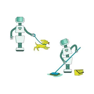 Robot doing housework set - android washing floor with wet mop and walking dog Stock Illustration