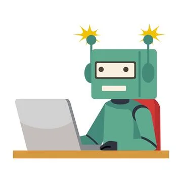 Robot doing  work with laptop Stock Illustration
