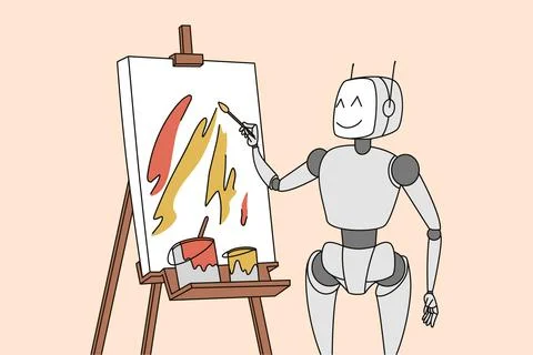 Robot drawing on flipchart Stock Illustration