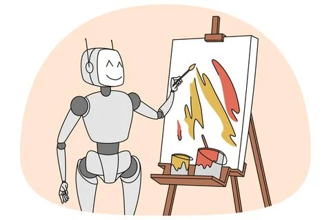 Robot drawing on flipchart Stock Illustration