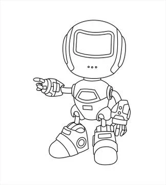 The robot, drawn by a line, shows a hand to the side, points to something. Stock Illustration