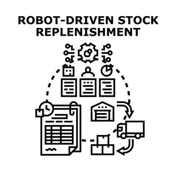 Robot driven inventory replenishment automation process management concept Stock Illustration