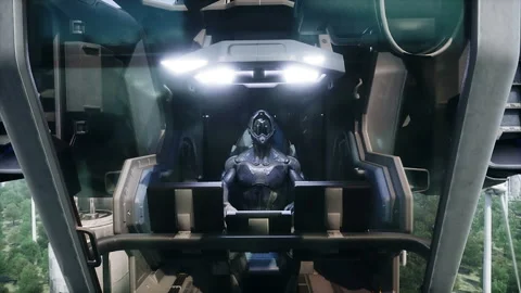 Robot driver in futuristic space ship. Future concept. Realistic 4k animation. Stock Footage 244706398