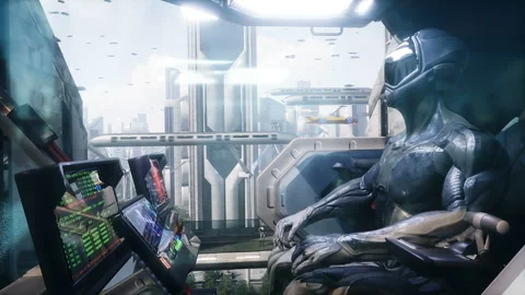 Robot driver in futuristic space ship. Future concept. Realistic 4k animation. Stock-Footage 244707138