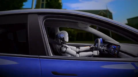 Robot driving electric car close up Stock Footage 343003106