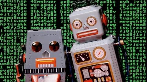 Robot duo selfie data blocks green Video stock 90343677