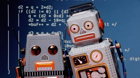 Robot duo selfie source code blue Video stock 90344664