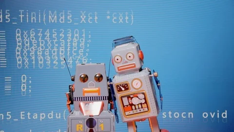 Robot duo source code scroll rack focus Stock Footage 90348479